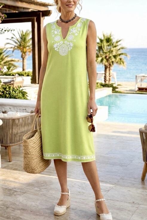 Grace Elements Dresses & Skirts - Grace Elements Neon Green White Sleeveless Embroidered V-Neck Dress Size Small